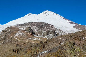 Close up view on Mount Elbrus from the acclimatization trail to Maiden's tears