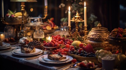 A table topped with plates of food and candles. Generative AI.