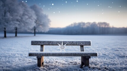 A bench in a snowy field with trees in the background. Generative AI.