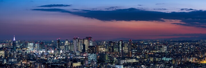 Naklejka premium Panoramic view of Tokyo Shinjuku and Yoyogi area high rise buildings at golden hour.