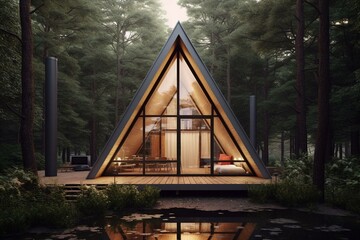 Minimalistic triangular cabin concept amidst lush woods creates a camp vibe. Generative AI