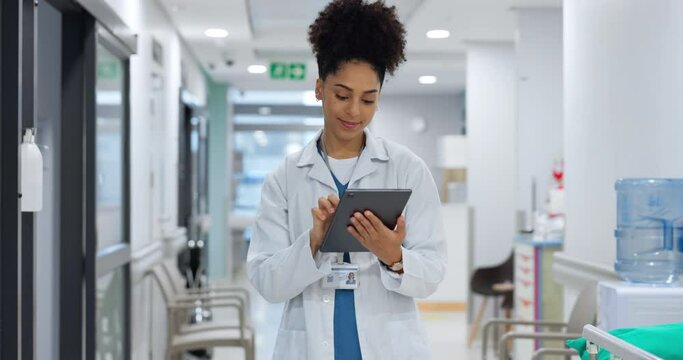 Medical, tablet or doctor typing for research on social media to search for medicine news online. Woman reading, scroll or healthcare nurse browsing on technology for telehealth services in hospital