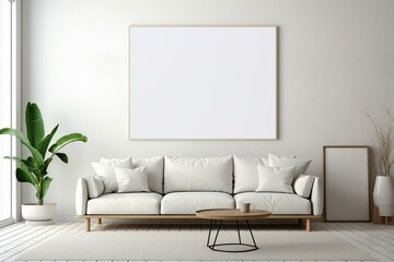 3D modern living room with empty white poster above sofa. Generative AI
