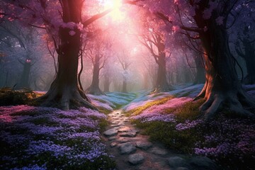 Enchanting woods with blossoming fairytale scenery. Generative AI - obrazy, fototapety, plakaty
