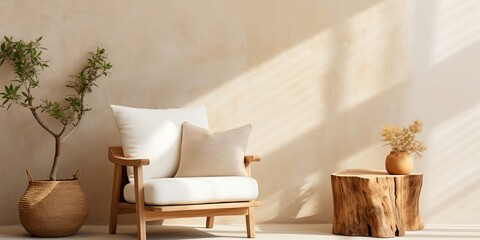 fabric lounge chair and wood stump side table against beige stucco wall with copy space, generative AI