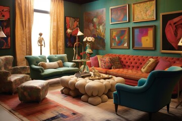 An enchanting living room adorned with timeless furniture, vibrant hues, and captivating art. Generative AI