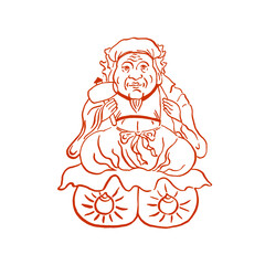 Japanese god of wealth and happiness Daikoku. Vector image, hand drawing, sketch, doodle, calligraphy, brush. Red on white. Holidays, congratulations, prosperity, luck, family, East. Eps10