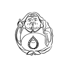 Daikoku. Daikokuten. God of Wealth, Japan. Vector, hand drawing, doodle, calligraphy. Black on white. Postcard, invitation, wedding, birthday, happiness, congratulations. Eps10