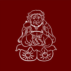 Japanese god of wealth and happiness Daikoku. Vector image, drawing, sketch, doodle, calligraphy, brush. White on red. Holidays, congratulations, prosperity, luck, East. Eps10