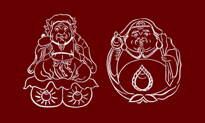 Two vector drawings of the Japanese god of wealth. Daikoku. Daikokuten. Hand drawing, calligraphy, sketch, brush, doodle. White on red. Holidays, well-being wishes, card, invitation, happiness. Eps10