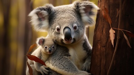 koala sitting on tree with little baby generated by AI tool 