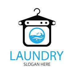 The washing machine logo design with clothes hangers is suitable for a laundry business logo