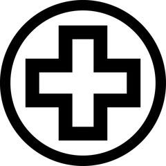 Cross in Circle Round Symbol First Aid Kit Emergency Healthcare Black and White Sign Icon. Vector Image.