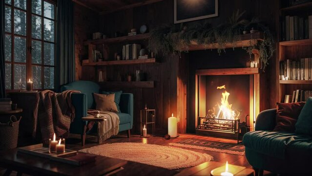 Winter Cozy Wood Cabin with Crackling Fireplace and Candles, Snow Falling Ambience -Seamless Loop