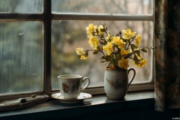 A mug with coffee or tea and a flower on the windowsill. Generative AI