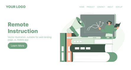 Teacher Remote Instruction. Web Landing Page Design. Flat Cartoon Vector Illustration.