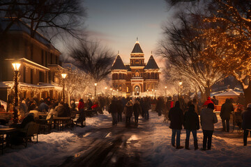 christmas tree decorations, santa claus with gifts, snowman in the snow, christmas gift boxes