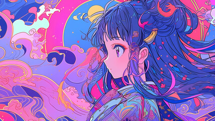 Hand-drawn cartoon animation of beautiful Chinese costume girl illustration
