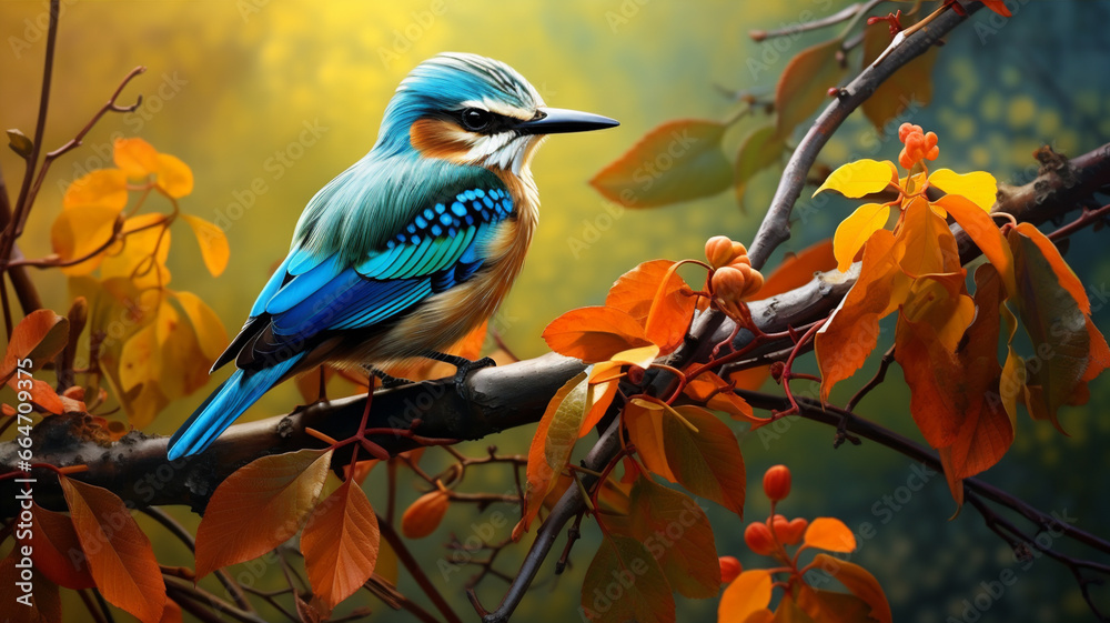 Wall mural Illustration of a blue bird perched on a branch.