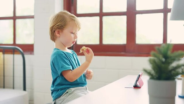 Caucasian baby boy watching cartoon on mobile phone alone in house.