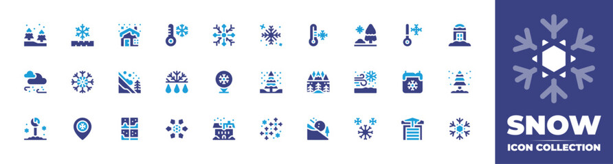 Snow icon set. Duotone color. Vector illustration. Containing defrost, snow storm, snow proof, snowflake, snow, house, cold, avalanche, lanscape, temperature, window, phone booth, fir, pine, trees.