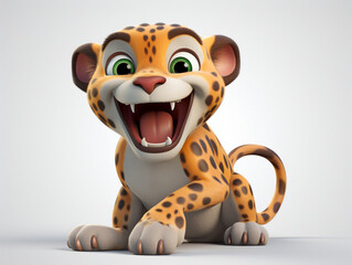 A 3D Cartoon Jaguar Laughing and Happy on a Solid Background