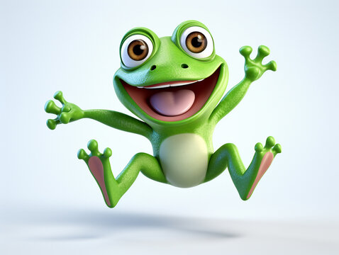 A 3D Cartoon Frog Laughing and Happy on a Solid Background