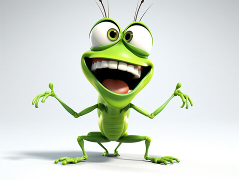 A 3D Cartoon Grasshopper Laughing and Happy on a Solid Background