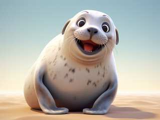 A 3D Cartoon Seal Laughing and Happy on a Solid Background