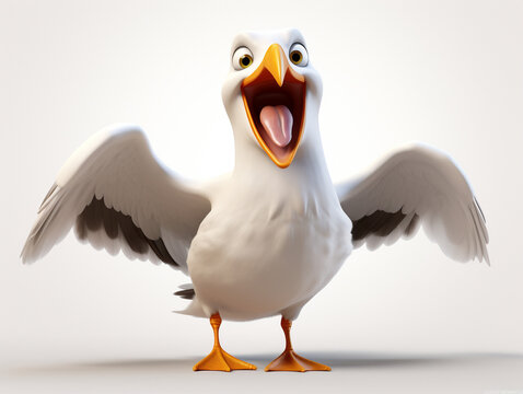 A 3D Cartoon Seagull Laughing and Happy on a Solid Background