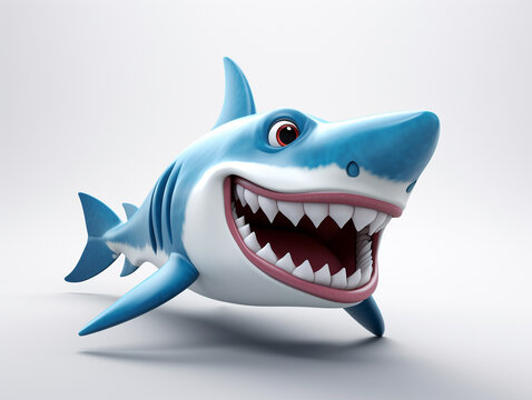 A 3D Cartoon Shark Laughing and Happy on a Solid Background