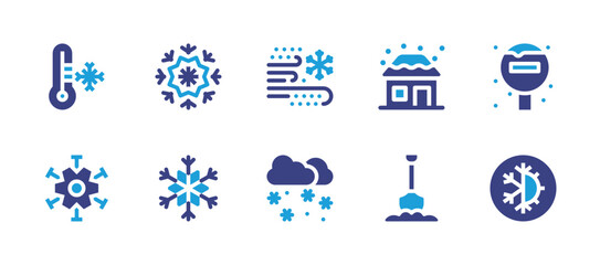 Snow icon set. Duotone color. Vector illustration. Containing snow, shovel, temperature, cold, snowflake, snowflakes, house, snowstorm, traffic signal. - obrazy, fototapety, plakaty