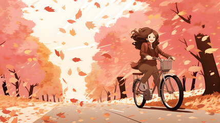 Happy Girl riding bike with falling leaves and wind in autumn travel