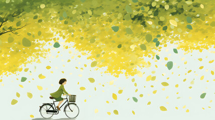 Girl riding bike with falling leaves and wind in  in early autumn end of summer travel
