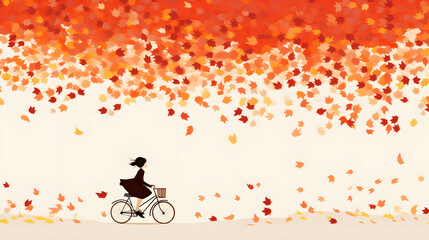 Girl riding bike with falling leaves and wind in autumn travel