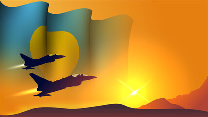 fighter jet plane with tuvalu waving flag background design with sunset view suitable for national tuvalu air forces day event