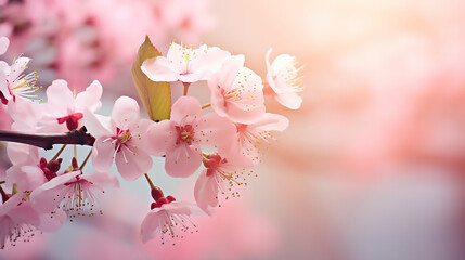beautiful cherry tree with tender flowers amazing spring background with blurred sunlight background