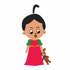 A little girl with a doll cartoon illustration. Vector.