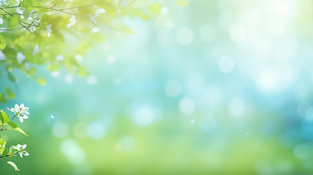 beautiful bokeh background with light green blue spring background with sun shine