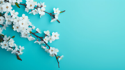 Pretty spring cherry blossom branches on turquoise background. simple design background - obrazy, fototapety, plakaty