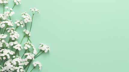 Small white gypsophila flowers on pastel green background. simple design - obrazy, fototapety, plakaty