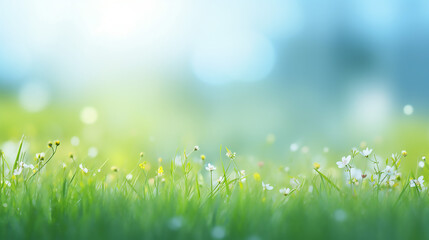 nature background with sunny spring meadow blur background blue sky to green grass - obrazy, fototapety, plakaty