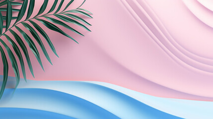 Fototapeta na wymiar tropical palm leaf and soft blue wave on pink background