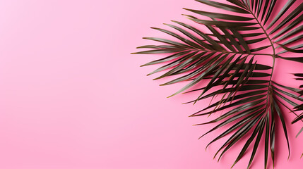 tropical palm leaf on pink background. flat lay top view