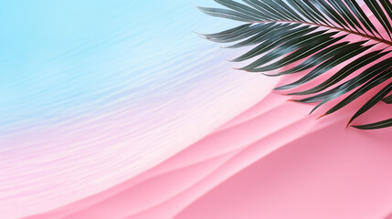 Fototapeta na wymiar simple design of tropical palm leaf and soft blue wave on pink background