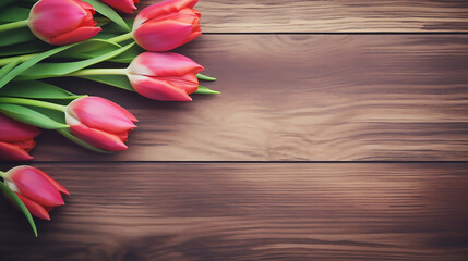 Tulip blossom flowers on vintage wooden background. simple design background