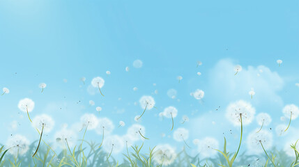 Fototapeta na wymiar spring background with white dandelions and clear blue sky