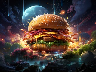 Hamburger with a full moon in the background 3D illustration