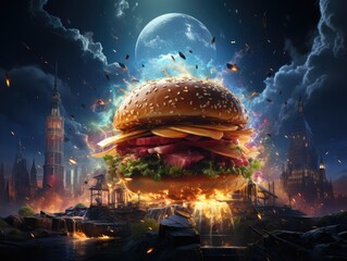 Big hamburger with fire and moon on background. 3d rendering