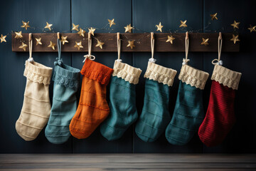 Colorful Christmas socks are hanging on a wooden wall for gifts